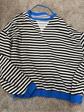 Free People Classic Oversized Black & White Striped Sweater with Blue Trim